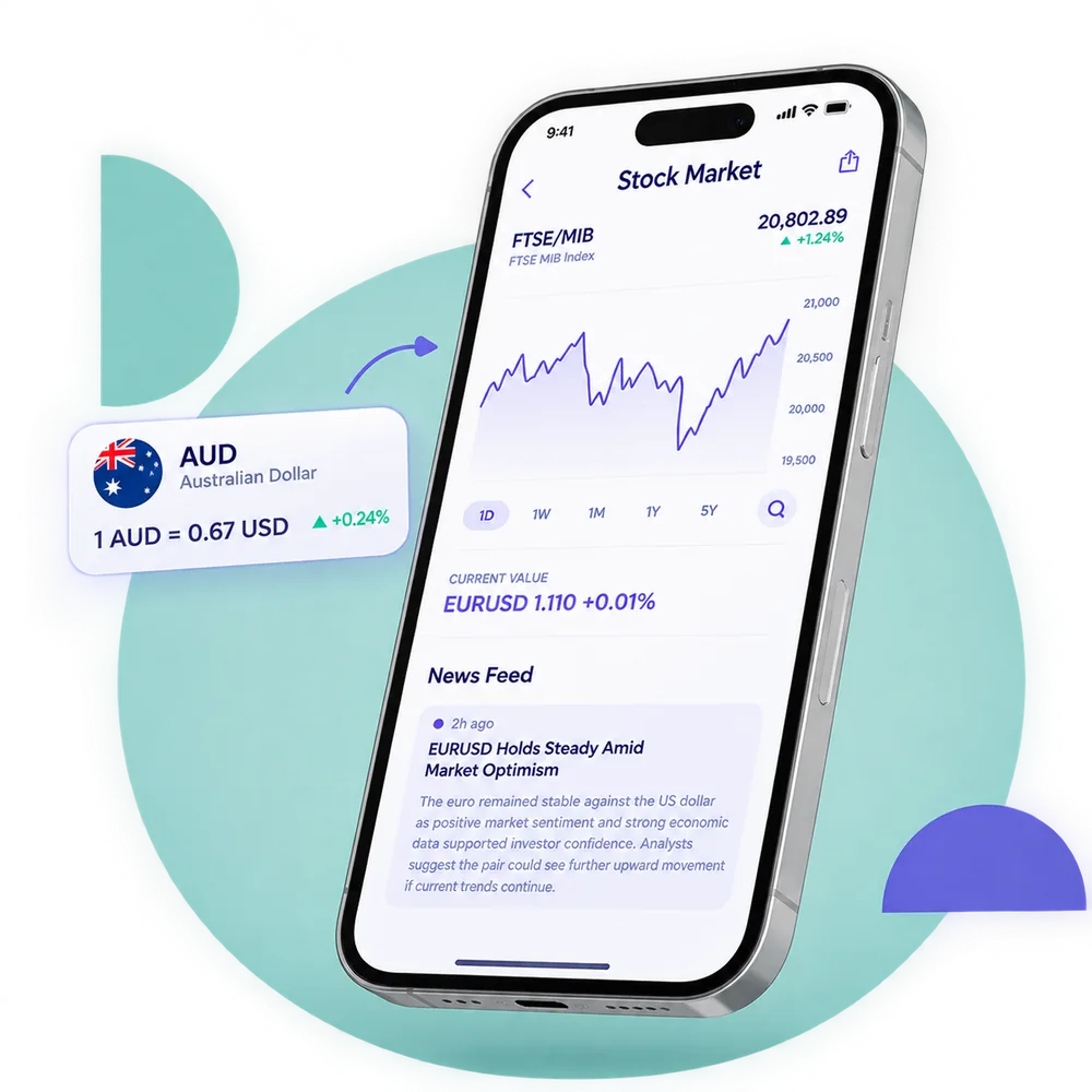 An illustration of a market app on a phone, with cards representing a currency pair and a market index.