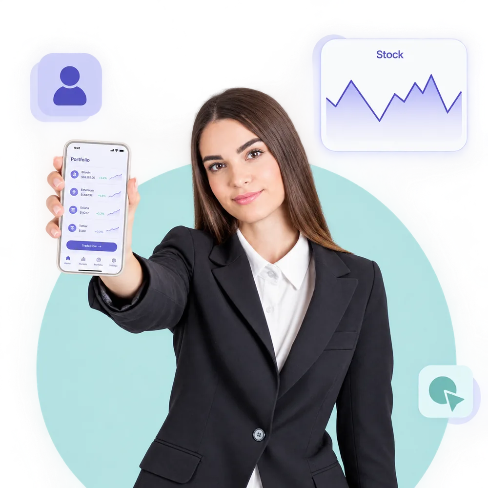 A phone showing a portfolio app, with cards representing markets and holdings.